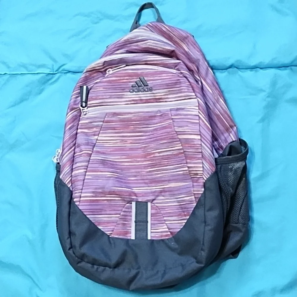 Adidas backpack, gray with variegated pink purple peach